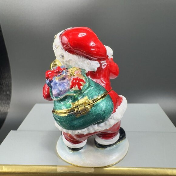 Santa Claus Christmas Enamel Over Metal Bejeweled Hinged Trinket Box Pill Box - Picture 12 of 13